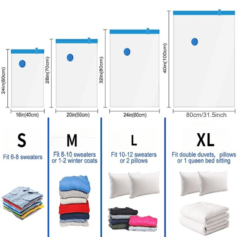 30 Pack Vacuum Compression Bags (10 Large, 10 Medium, 10 Small) Clothing Storage Bags