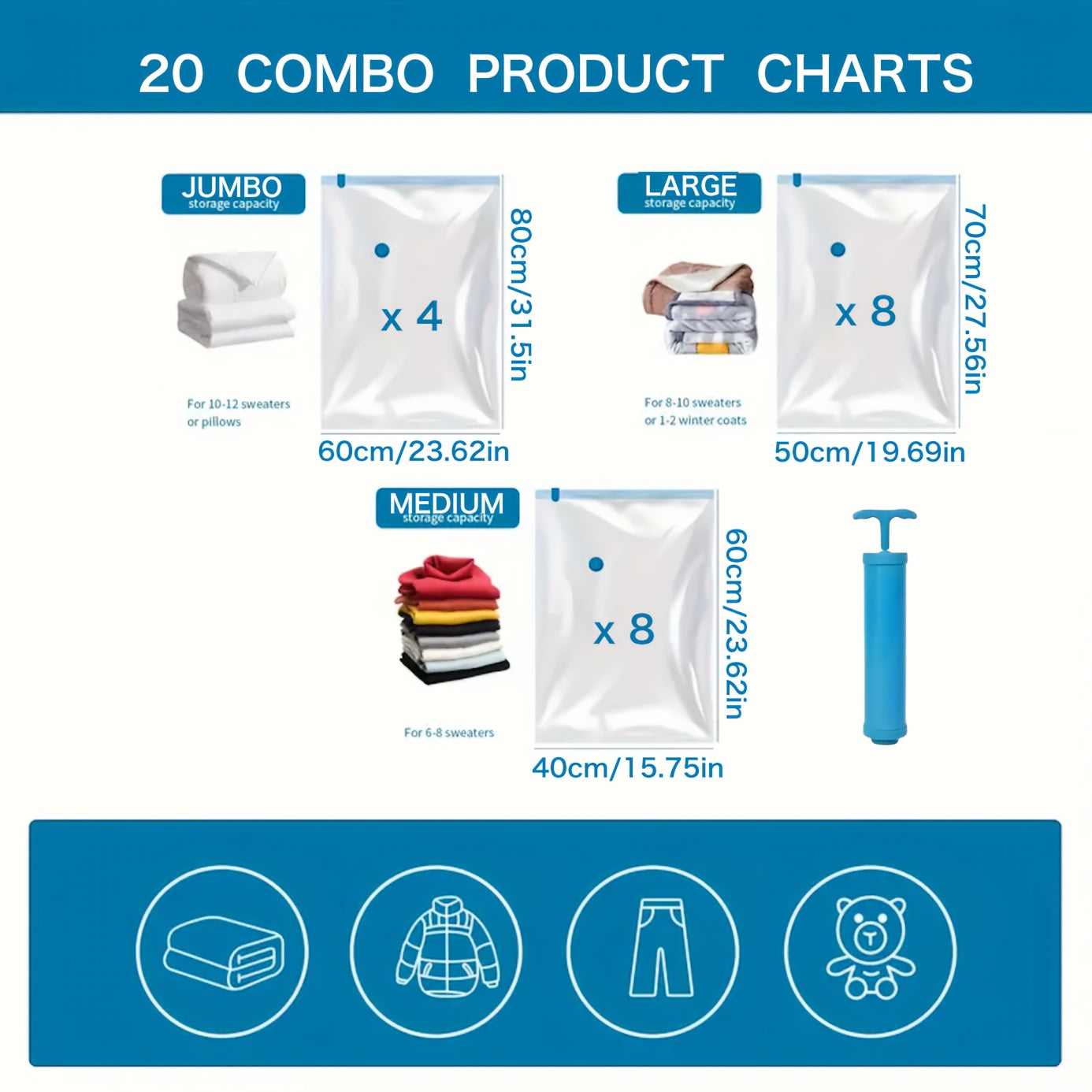 20 Vacuum Clothing Organizer Bags with Hand Pump - The ultimate compression space saver for clothing