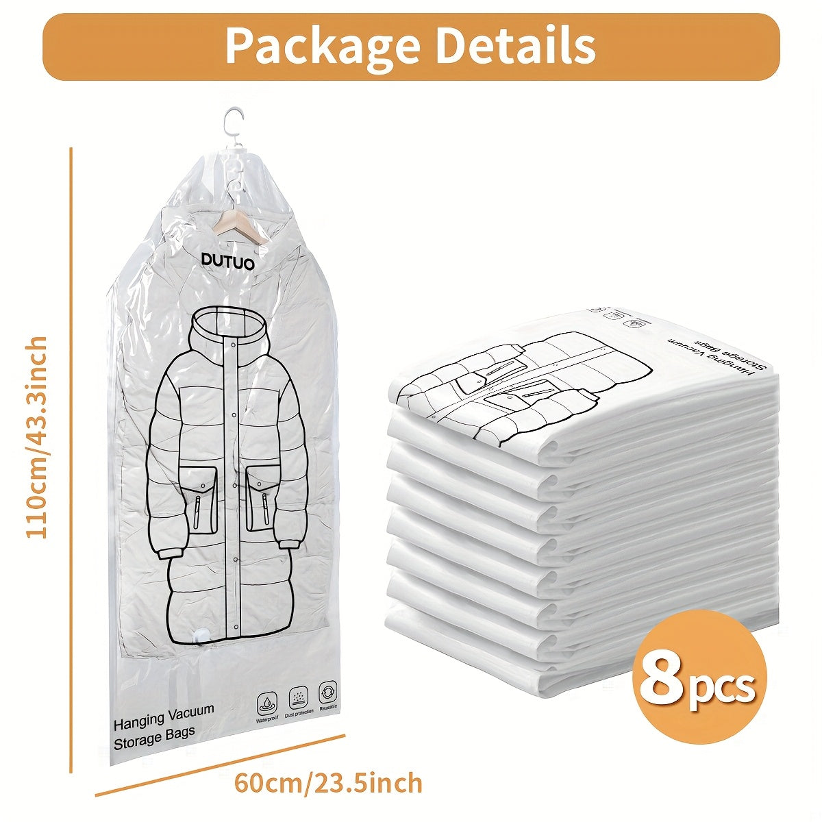 8 Pack Hanging Vacuum Storage Sealer Bags, Space Saving for Clothes