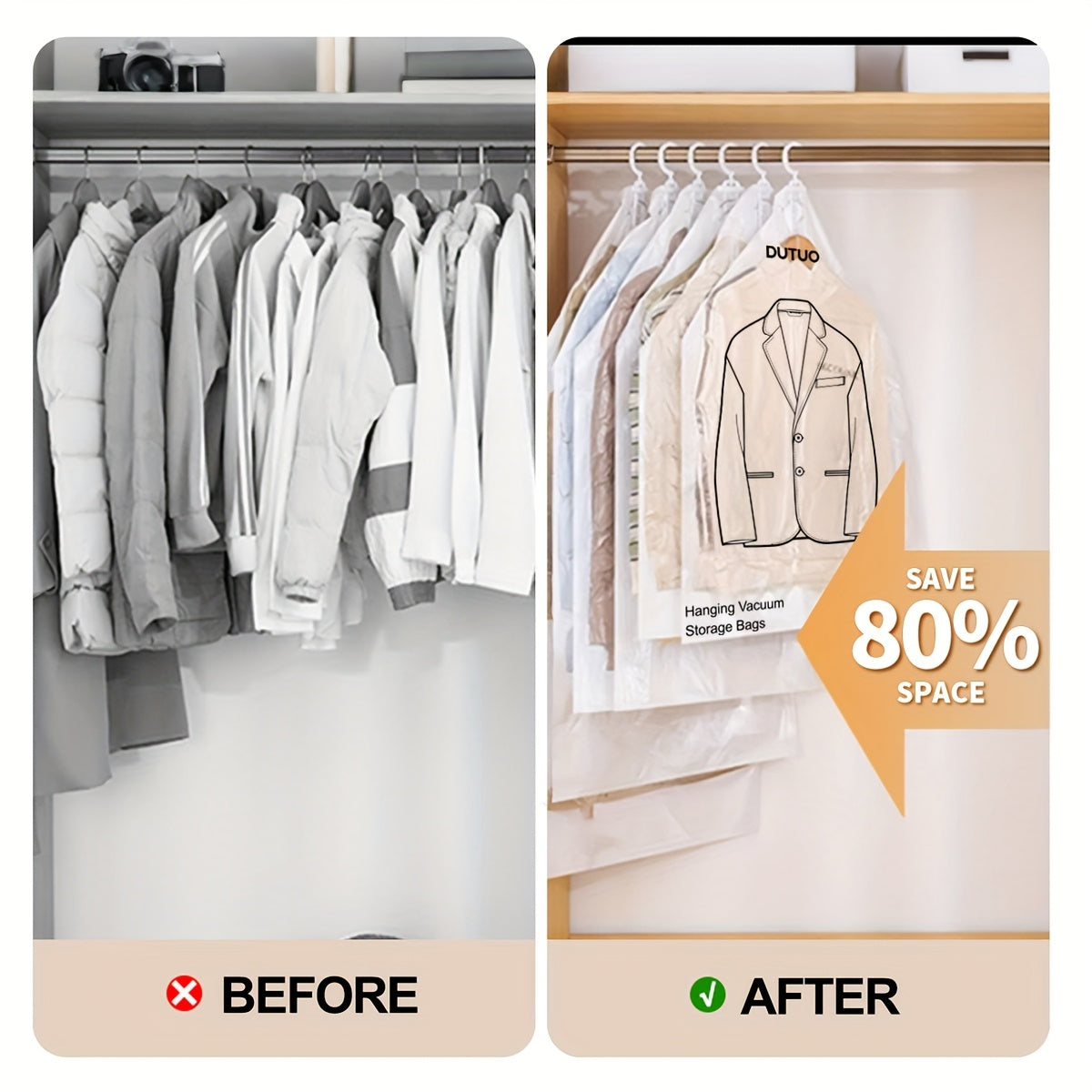 8 Pack Hanging Vacuum Storage Sealer Bags, Space Saving for Clothes