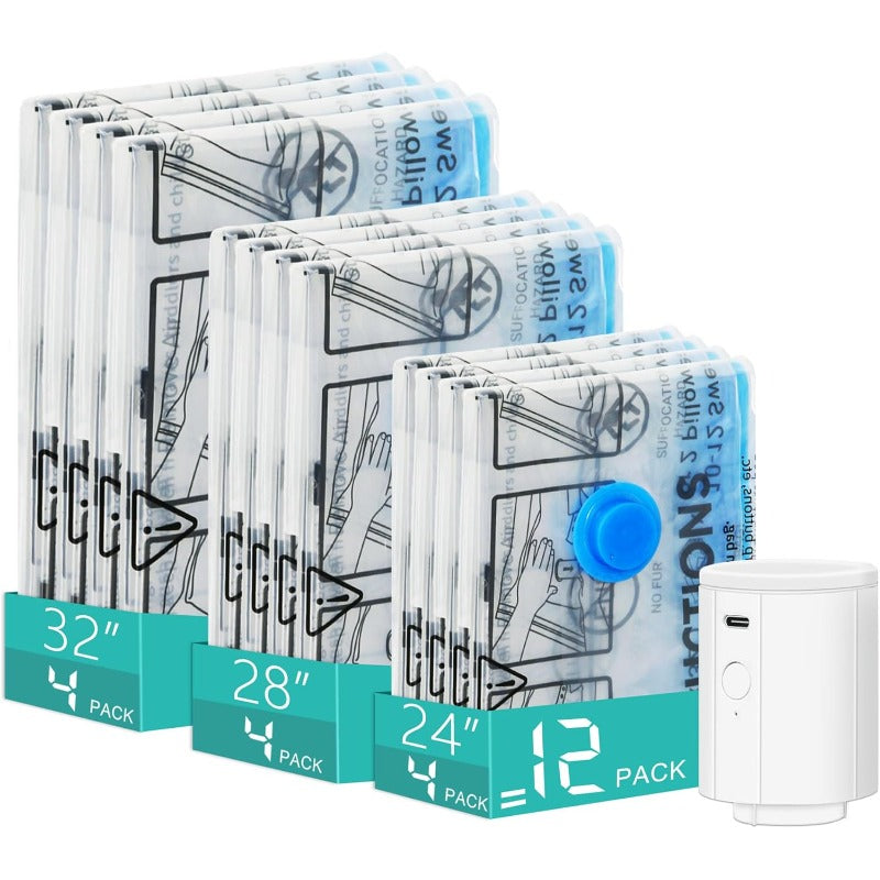 12 Pack Heavy-Duty Vacuum Storage Bags with 3000Pa Powerful Suction - Cordless Pump