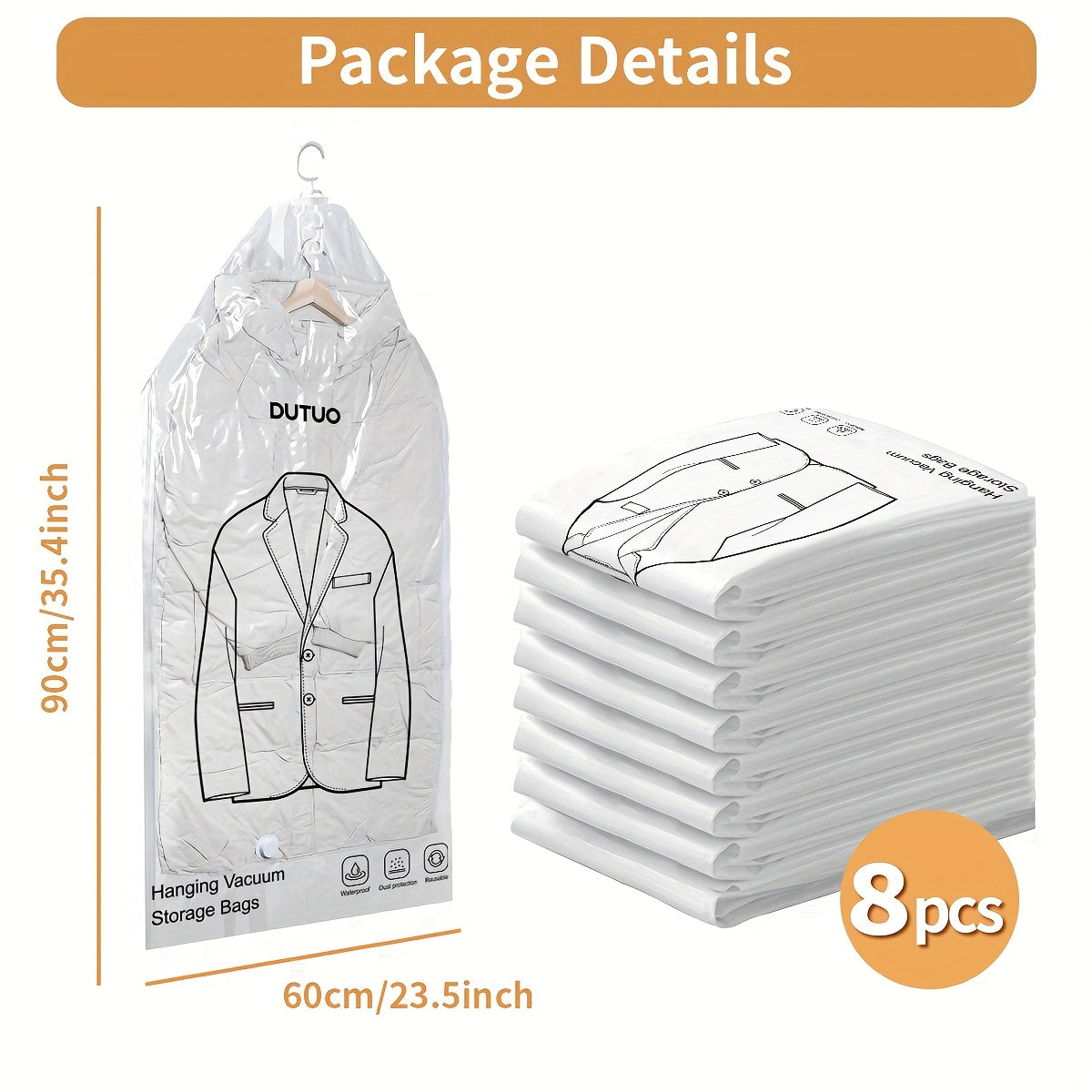 8 Pack Hanging Vacuum Storage Sealer Bags, Space Saving for Clothes