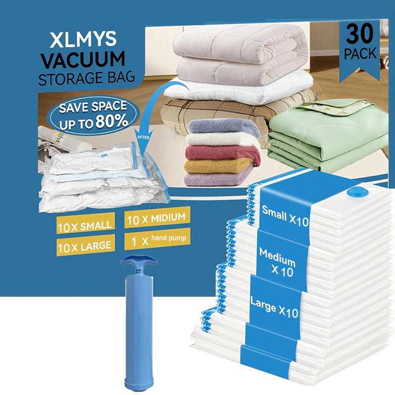 30 Pack Vacuum Compression Bags (10 Large, 10 Medium, 10 Small) Clothing Storage Bags