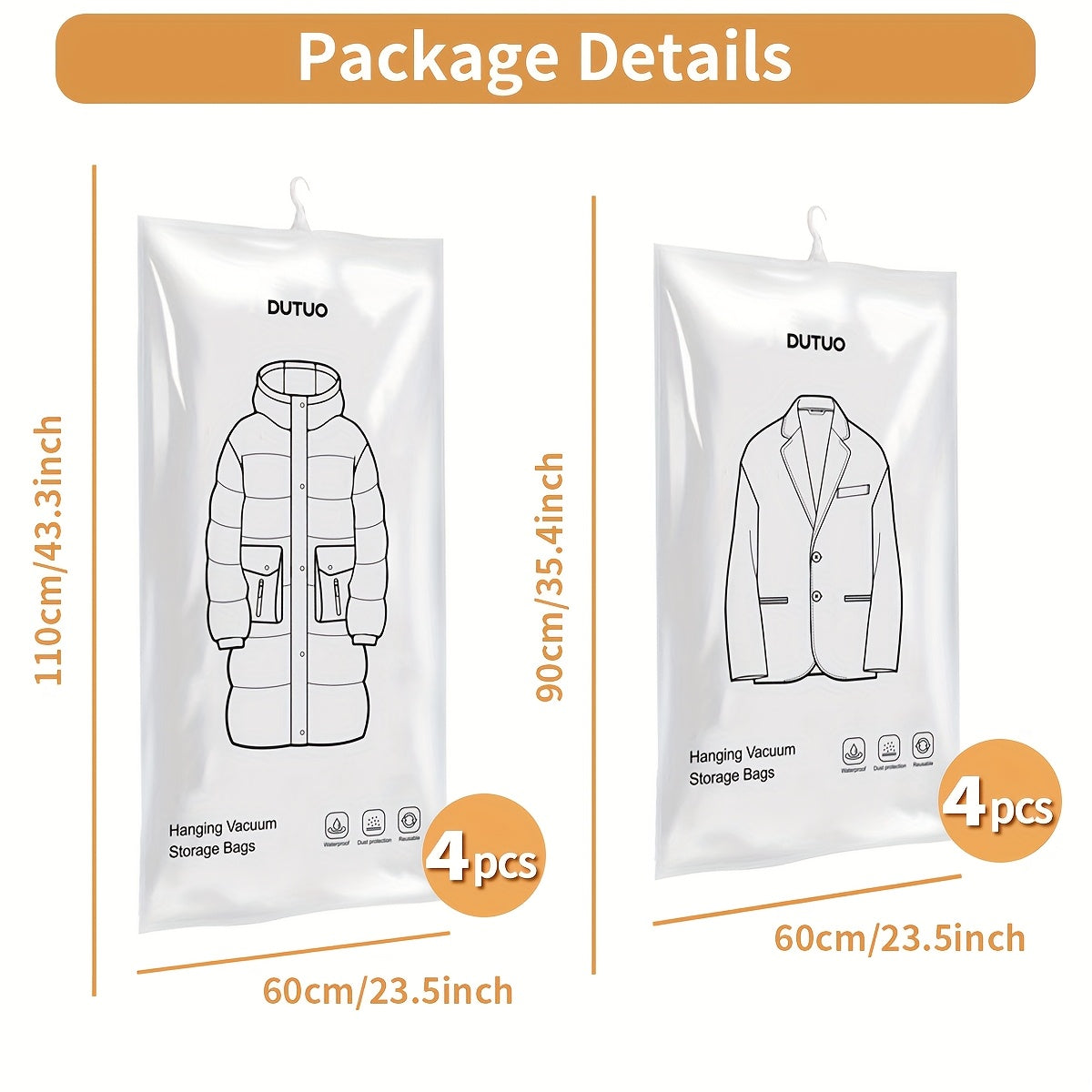 8 Pack Hanging Vacuum Storage Sealer Bags, Space Saving for Clothes